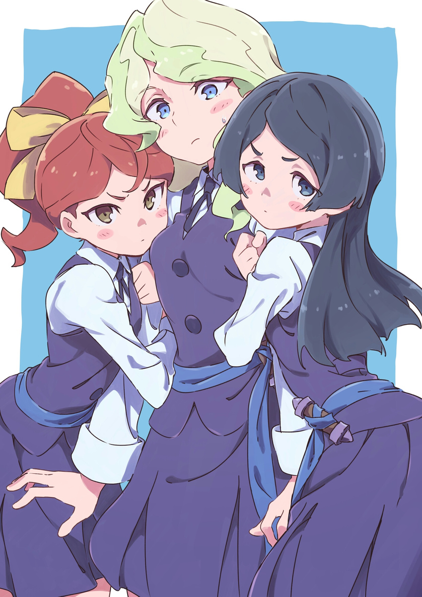 ahoge arm_hug bangs barbara_parker black_hair blonde_hair blue_background blue_eyes blue_sash blush_stickers bow brown_hair diana_cavendish dress frown girl_sandwich grey_eyes hair_bow hanna_england highres little_witch_academia long_hair long_sleeves looking_at_viewer luna_nova_school_uniform multicolored_hair multiple_girls parted_bangs pinafore_dress pleated_skirt ponytail purple_skirt purple_vest sandwiched school_uniform shirt simple_background skirt standing sweatdrop tama_(tama-s) two-tone_hair v-shaped_eyebrows vest wand white_shirt