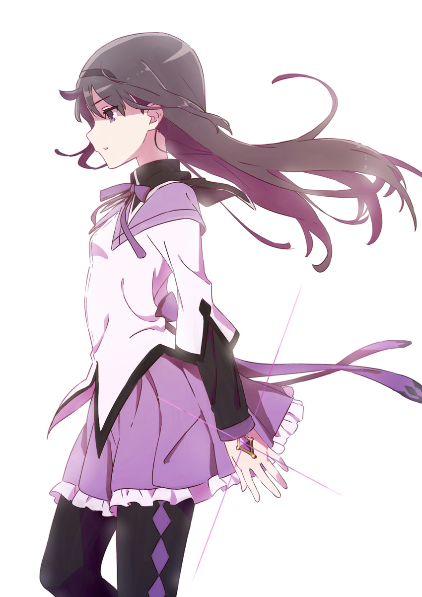 akemi_homura argyle argyle_legwear black_hair black_legwear blouse contrapposto cowboy_shot from_side highres long_hair looking_down magical_girl mahou_shoujo_madoka_magica neck_ribbon pantyhose parted_lips pleated_skirt profile purple_eyes purple_skirt ribbon simple_background skirt solo soul_gem standing tama_(tama-s) white_background