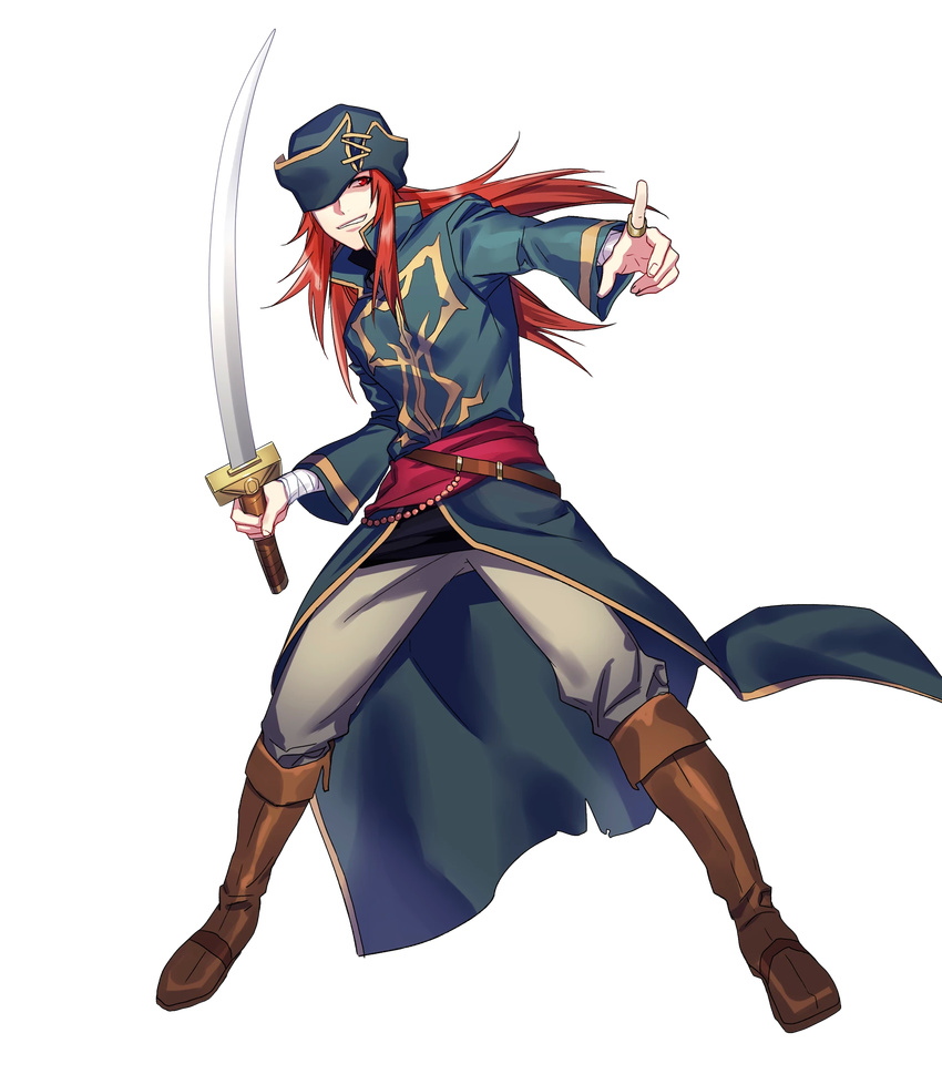 bandages boots fire_emblem fire_emblem:_seima_no_kouseki fire_emblem_heroes fujiwara_ryo full_body hat highres holding holding_sword holding_weapon jewelry joshua_(fire_emblem) knee_boots long_hair looking_away male_focus official_art pants parted_lips red_eyes red_hair ring smile solo standing sword transparent_background weapon