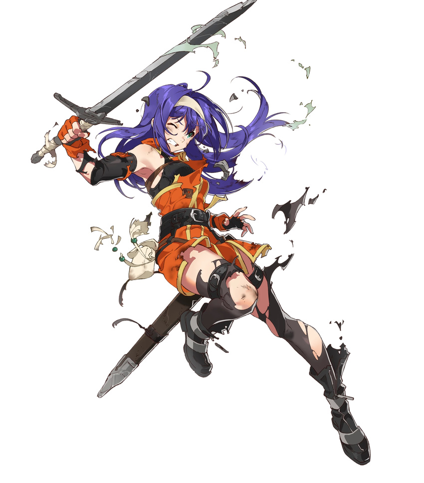 aqua_eyes armpits bangs black_legwear blue_hair boots breasts clenched_teeth dress fingerless_gloves fire_emblem fire_emblem:_souen_no_kiseki fire_emblem_heroes full_body gloves hairband highres holding holding_sword holding_weapon leg_up looking_away medium_breasts official_art one_eye_closed sheath short_dress solo sword teeth thighhighs torn_clothes torn_legwear transparent_background wayu_(fire_emblem) weapon white_hairband yoneyama_mai