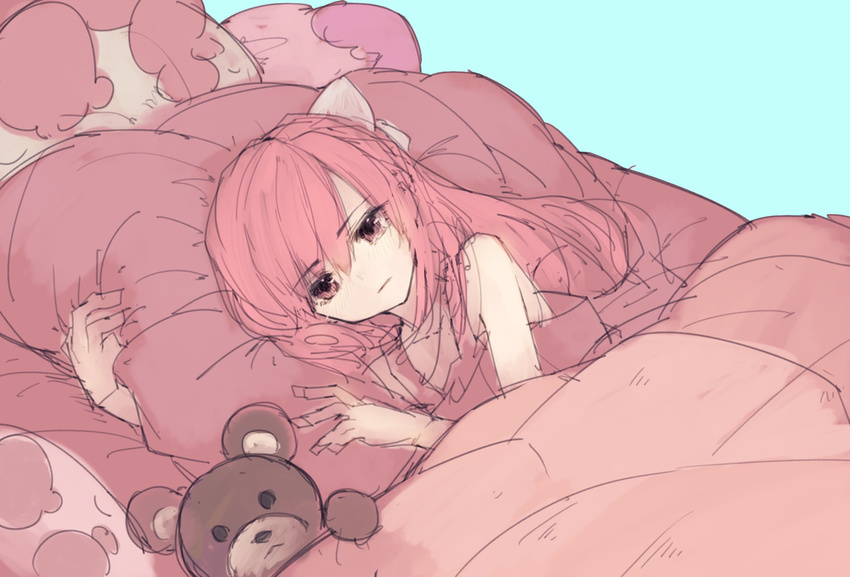 bed bed_sheet bow highres holding holding_pillow long_hair lying on_bed on_side pillow pink pink_eyes pink_hair rin_(shelter) riuichi shelter_(music_video) sketch solo stuffed_animal stuffed_toy teddy_bear