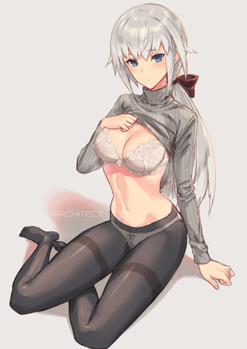 :/ architect arm_support bangs black_legwear blue_eyes blush bow bra breasts casual character_name cleavage closed_mouth clothes_lift commentary_request frame_arms_girl full_body hair_between_eyes hair_bow highres large_breasts long_hair long_sleeves looking_at_viewer low_ponytail midriff navel no_shoes panties panties_under_pantyhose pantyhose ribbed_sweater sigm@ silver_hair sitting solo stomach sweater sweater_lift thighband_pantyhose turtleneck turtleneck_sweater underwear very_long_hair white_bra yokozuwari