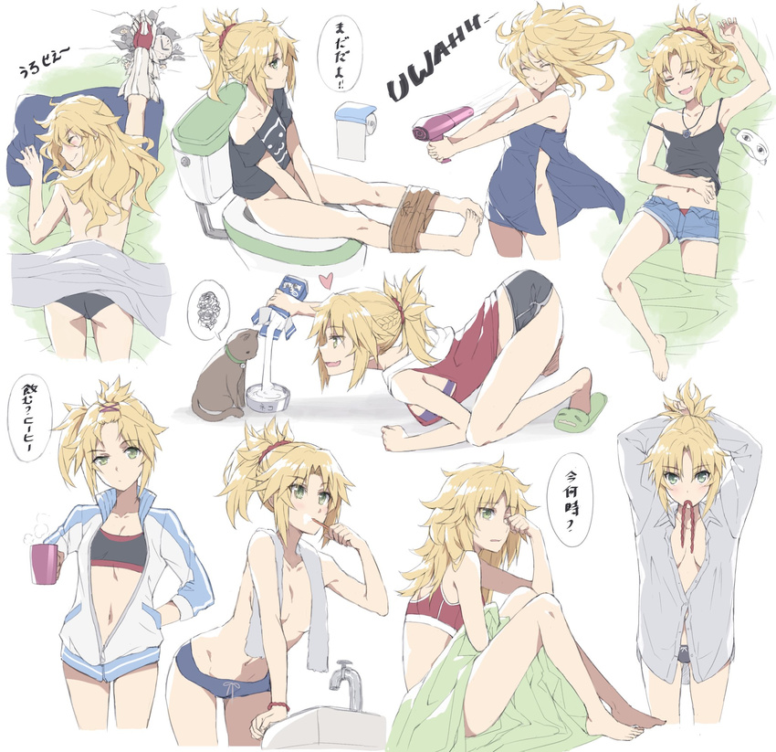 bare_shoulders black_panties blonde_hair blue_towel breasts brushing_teeth cat cup drying drying_hair fate/apocrypha fate_(series) green_eyes grey_towel hair_dryer highres jacket jewelry lying milk milk_carton mordred_(fate) mordred_(fate)_(all) mug naked_towel navel necklace on_stomach open_clothes open_jacket open_shirt panties red_panties shirt shorts slippers small_breasts speech_bubble spoken_squiggle sports_bra squiggle toilet_paper toilet_use tonee topless towel towel_around_neck underwear waking_up white_shirt