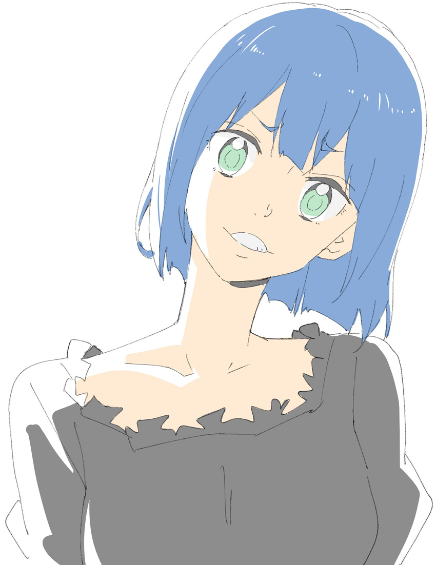 absurdres bangs black_blouse blouse blue_hair blunt_bangs bob_cut collarbone donguri_suzume eyebrows_visible_through_hair green_eyes head_tilt highres looking_at_viewer short_hair simple_background smile solo upper_body white_background
