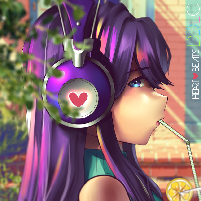 aqua_eyes bangs bare_shoulders blurry blurry_background blurry_foreground brick_wall commentary cup depth_of_field doki_doki_literature_club drinking drinking_glass drinking_straw english_commentary eyebrows_visible_through_hair food from_side fruit hair_between_eyes hannah_santos headphones heart highres lemon lemon_slice lips long_hair looking_at_viewer looking_to_the_side multicolored multicolored_eyes parted_lips plant portrait profile purple_eyes purple_hair red_lips shoulder_cutout sidelocks sideways_glance solo star star-shaped_pupils sweater symbol-shaped_pupils turtleneck turtleneck_sweater yuri_(doki_doki_literature_club)