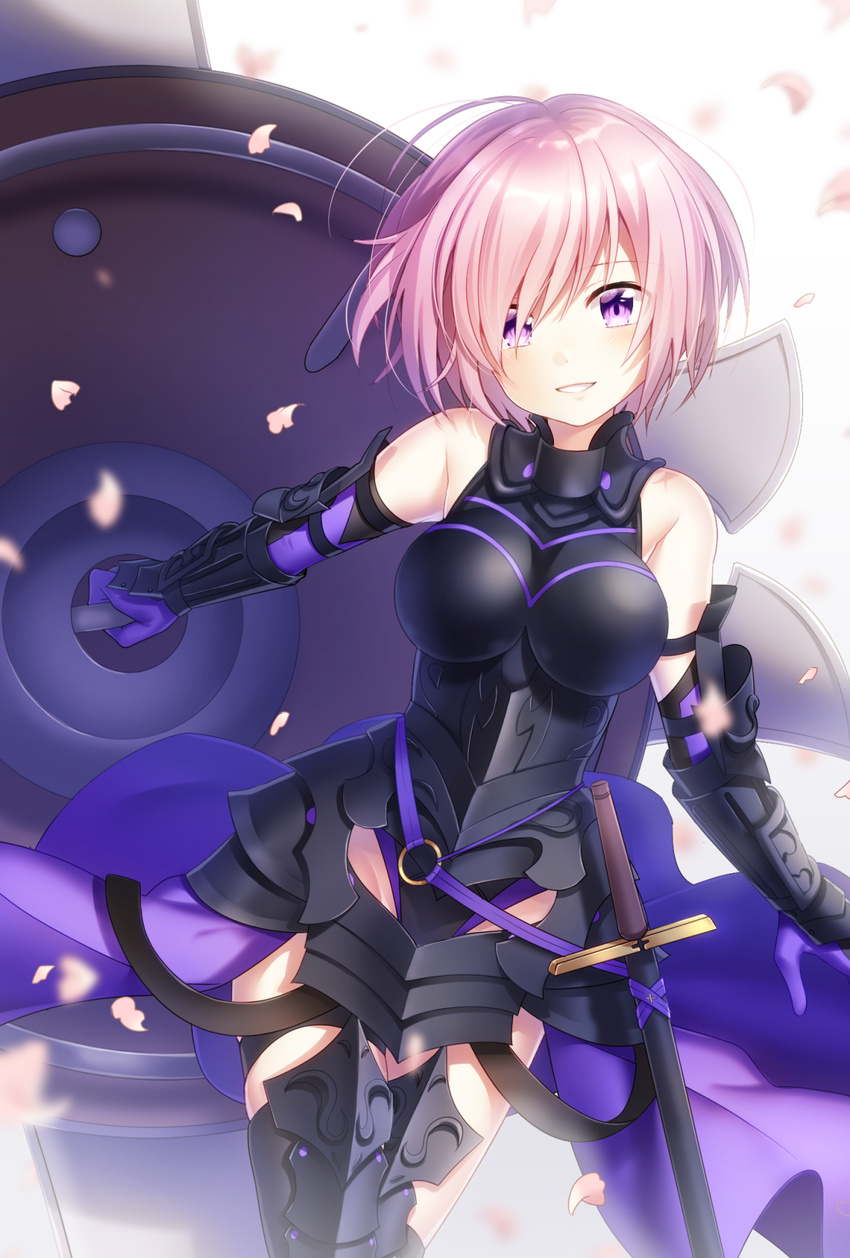 armor armored_dress bad_id bad_pixiv_id bangs black_armor black_leotard blurry blush breasts commentary_request cowboy_shot depth_of_field dress elbow_gloves eyebrows_visible_through_hair fate/grand_order fate_(series) gloves greaves hair_over_one_eye highres holding_shield ichiren_namiro large_breasts leotard looking_at_viewer mash_kyrielight parted_lips petals pink_hair purple_dress purple_eyes revision sheath sheathed shield short_hair smile solo sword teeth vambraces weapon