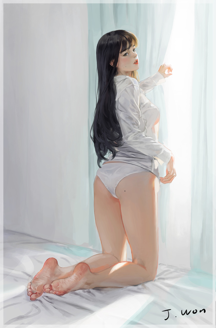 absurdres artist_name ass bad_artstation_id bad_id barefoot bed_sheet black_eyes black_hair breasts curtains day feet from_side highres j._won_han kneeling legs_together long_sleeves looking_at_viewer medium_breasts mole mole_on_ass on_bed original panties parted_lips plantar_flexion realistic red_lips see-through_silhouette shirt soles solo sunlight toes underwear white_panties white_shirt window