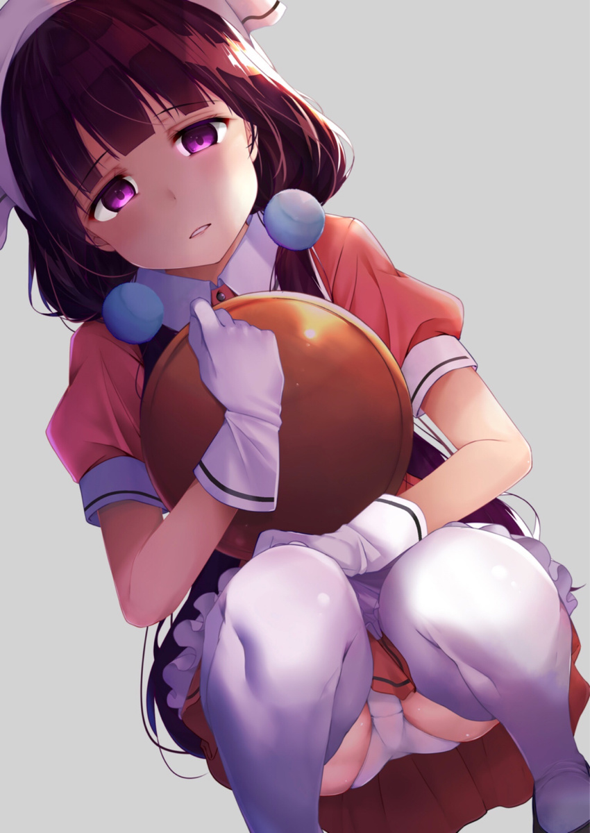 apron ass bangs blend_s brown_hair eyebrows_visible_through_hair gloves grey_background hair_ornament half-closed_eyes head_scarf highres holding holding_tray long_hair looking_at_viewer looking_down low_twintails panties pantyshot pantyshot_(squatting) parted_lips puffy_short_sleeves puffy_sleeves purple_eyes rouka_(akatyann) sakuranomiya_maika shirt shoes short_sleeves simple_background skirt solo squatting stile_uniform thighhighs tray twintails underwear waitress white_apron white_gloves white_legwear white_panties wing_collar