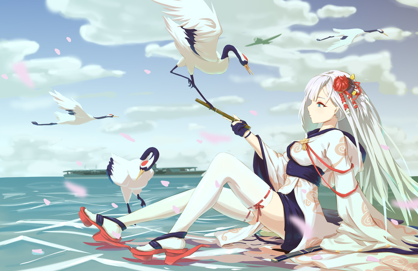 absurdres ancle_(aruncle) azur_lane bird blue_eyes breasts closed_mouth commentary_request crane_(animal) day from_side gloves hair_ornament highres japanese_clothes kimono long_hair long_sleeves medium_breasts mole mole_under_eye ocean partly_fingerless_gloves profile ribbon-trimmed_legwear ribbon_trim shoukaku_(azur_lane) silver_hair sitting solo thighhighs white_legwear wide_sleeves