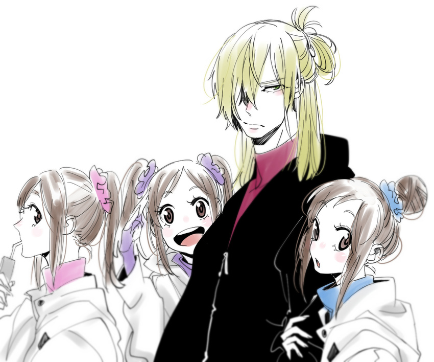 3girls :d bad_id bad_pixiv_id blonde_hair blue_scrunchie brown_eyes brown_hair con_potata drinking_straw green_eyes hair_bun hair_ornament hair_over_one_eye hair_scrunchie half_updo jacket juice_box multiple_girls nishigoori_axel nishigoori_loop nishigoori_lutz older open_mouth pink_scrunchie ponytail purple_scrunchie salute scrunchie smile teenage turtleneck twintails yuri!!!_on_ice yuri_plisetsky