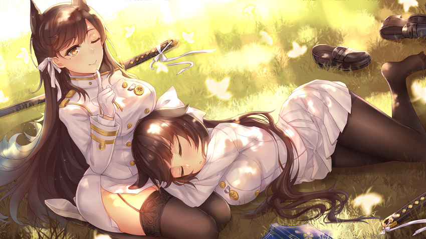 animal_ears atago_(azur_lane) azur_lane bangs black_footwear black_hair black_legwear blush book breasts brown_eyes closed_mouth commentary_request day eyebrows_visible_through_hair finger_to_mouth garter_straps grass hand_up high_heels highres index_finger_raised katana lap_pillow large_breasts legs_together light_rays loafers long_hair military military_uniform mole mole_under_eye multiple_girls outdoors pantyhose pleated_skirt ponytail seiza sheath sheathed shoes shoes_removed shushing siblings sisters sitting skirt sleeping smile sunbeam sunlight swept_bangs sword takao_(azur_lane) thighhighs uniform very_long_hair weapon white_skirt yuemanhuaikong