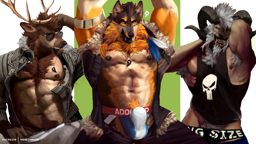 2017 abs anthro antlers armpit_hair beard biceps biped black_clothing black_hair black_horn black_nipples black_nose black_sclera black_shirt black_topwear body_hair brown_fur brown_hair brown_horn bulge canine cervine chest_hair clothed clothing deer digital_media_(artwork) eyewear facial_hair fangs feathers feline fur green_eyes grey_hair group hair hands_above_head hands_behind_head horn hybrid jacket jockstrap licantrox looking_at_viewer loose_feather male mammal muscular muscular_male nipples open_mouth orange_fur pants pants_down partially_clothed pecs pendant pinup pose shirt short_hair snout standing sunglasses tan_fur tank_top tristan_(licantrox) troxo underwear were werethrope werewolf yellow_eyes