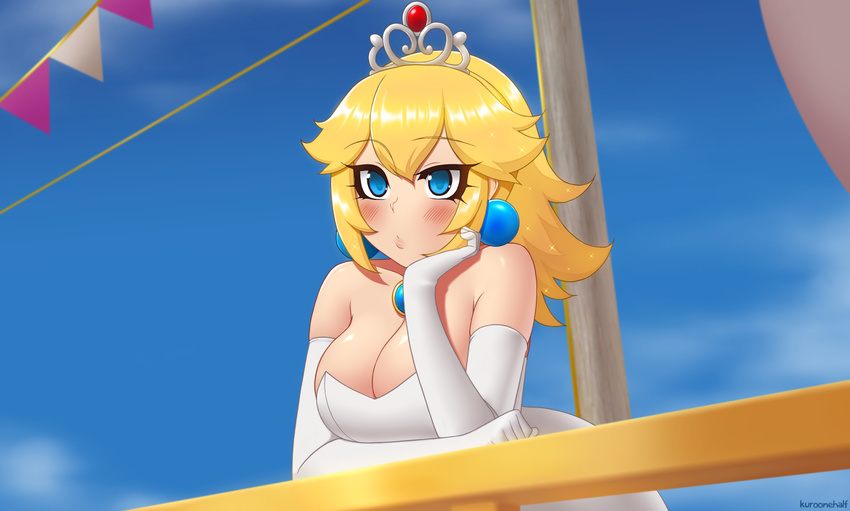 blonde_hair blue_eyes blush breasts chin_rest cleavage day dress earrings gloves jewelry kuroonehalf large_breasts long_hair mario_(series) pout princess_peach raised_eyebrow sky solo strapless strapless_dress super_mario_bros. super_mario_odyssey wedding_dress