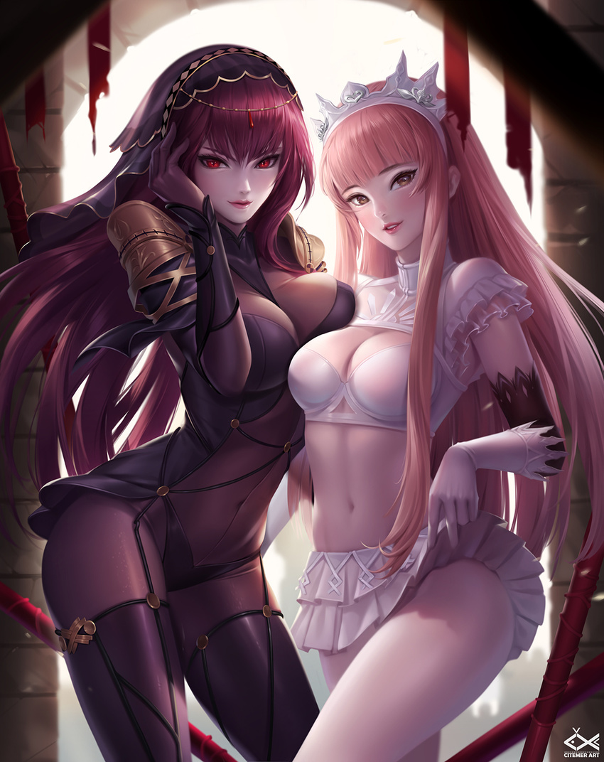 bangs blunt_bangs bodysuit breasts citemer cleavage contrast covered_navel cowboy_shot fate/grand_order fate_(series) gloves hair_intakes highres lifted_by_self long_hair looking_at_viewer medb_(fate)_(all) medb_(fate/grand_order) medium_breasts miniskirt multiple_girls navel pantyhose parted_lips pauldrons pink_hair purple_bodysuit purple_hair red_eyes scathach_(fate)_(all) scathach_(fate/grand_order) skirt skirt_lift smile stomach tiara veil white_gloves yellow_eyes