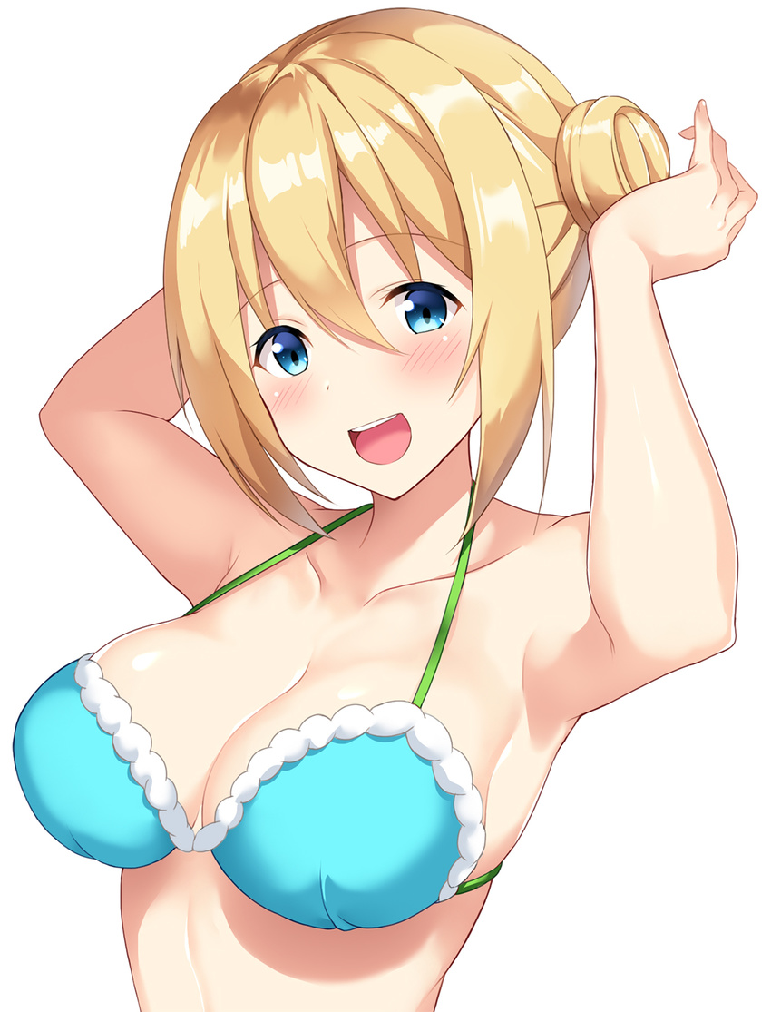 alternate_hairstyle arms_up bangs bare_shoulders bikini blend_s blonde_hair blue_bikini blue_eyes blush bottomless breasts cocona collarbone double_bun eyebrows_visible_through_hair hair_between_eyes halter_top halterneck highres hinata_kaho large_breasts long_hair looking_at_viewer mouth_hold sidelocks simple_background solo swimsuit upper_body white_background
