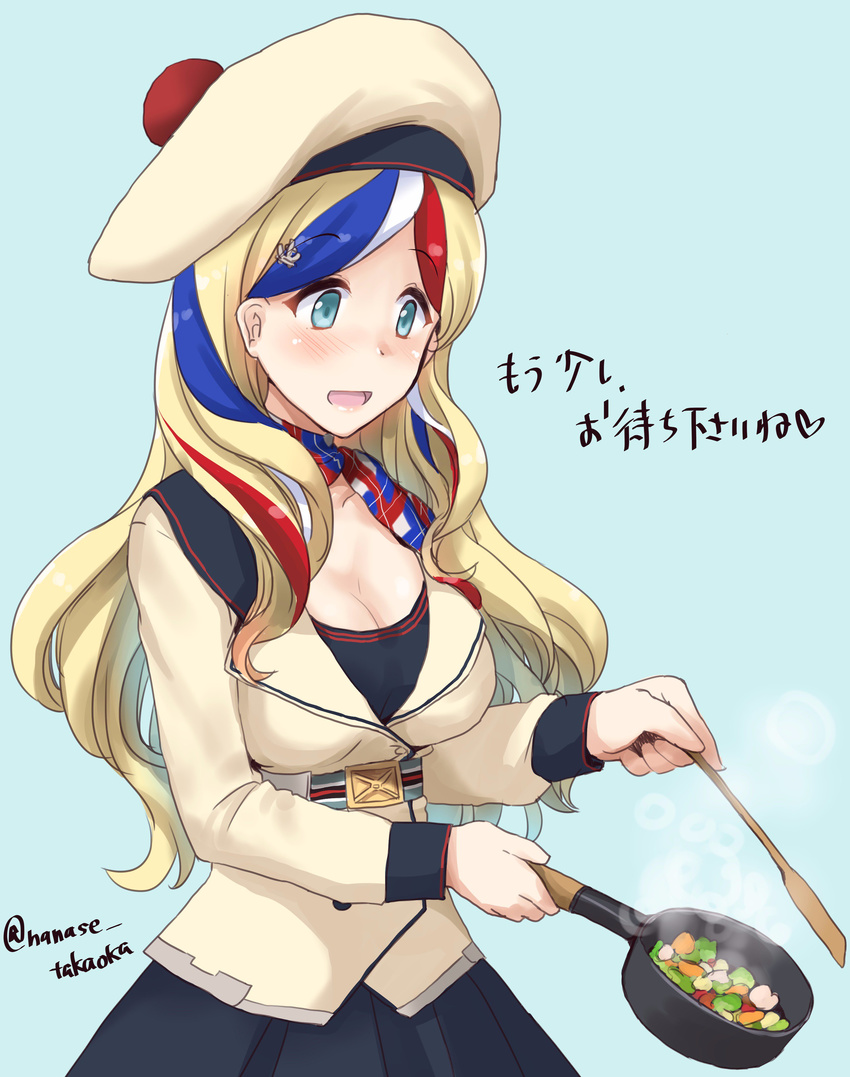 absurdres beret blonde_hair blue_background blue_eyes blue_hair breasts cleavage commandant_teste_(kantai_collection) cooking cowboy_shot double-breasted frying_pan hat highres kantai_collection long_hair medium_breasts minase_(takaoka_nanase) multicolored multicolored_clothes multicolored_hair multicolored_scarf open_mouth plaid plaid_scarf pom_pom_(clothes) red_hair scarf simple_background solo streaked_hair translated twitter_username white_hair