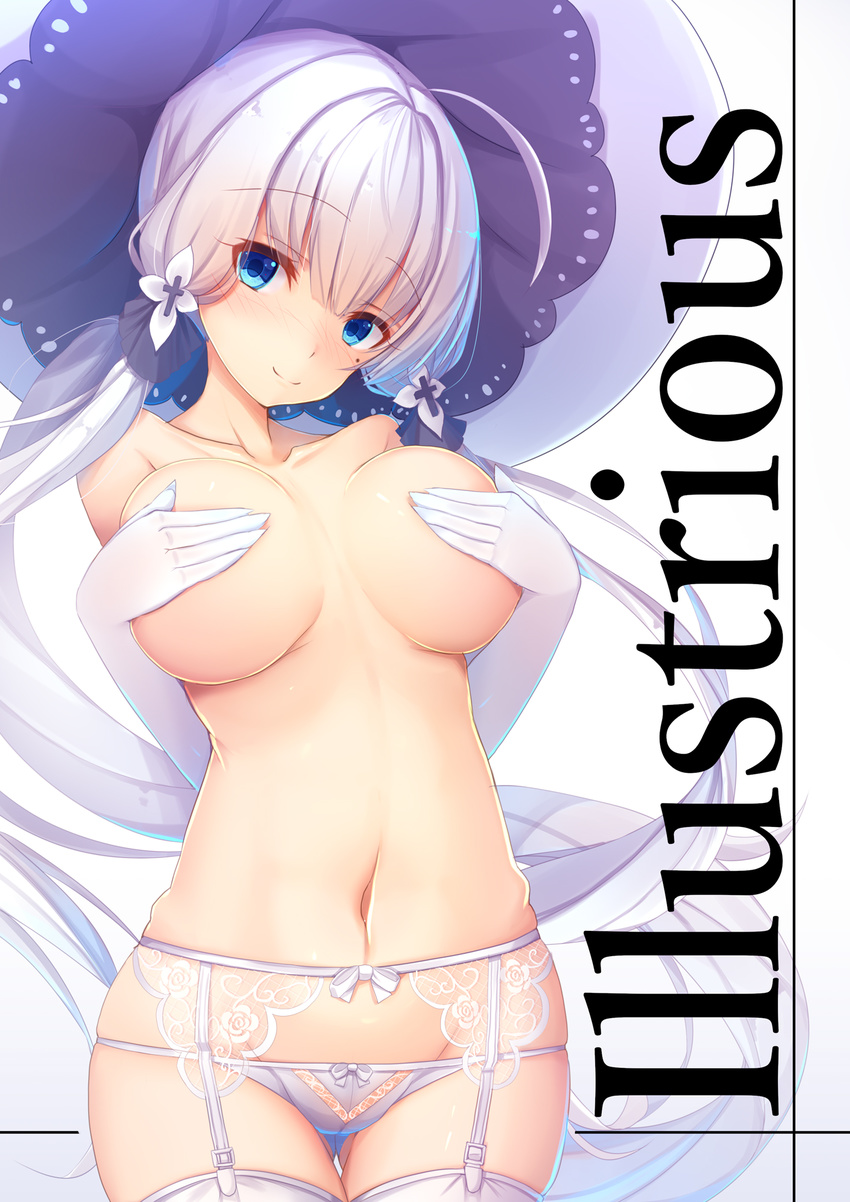 ass_visible_through_thighs azur_lane blue_eyes breasts character_name collarbone cover cover_page covering covering_breasts covering_nipples cowboy_shot doujin_cover eyebrows_visible_through_hair garter_straps gloves hair_ribbon hat highres illustrious_(azur_lane) large_breasts long_hair looking_at_viewer navel panties purple_hat ribbon simple_background smile solo tatapopo topless twintails underwear very_long_hair white_background white_garter white_gloves white_hair white_panties