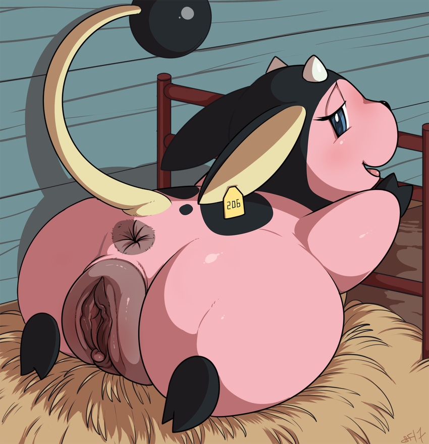 anus black_nose black_skin blue_eyes butt clitoris female half-closed_eyes horn large_labia looking_at_viewer looking_back miltank nintendo open_mouth pink_skin plump_labia pok&eacute;mon pok&eacute;mon_(species) presenting presenting_hindquarters pussy raised_tail rear_view slightly_chubby slimefur solo spread_legs spreading tag tongue video_games