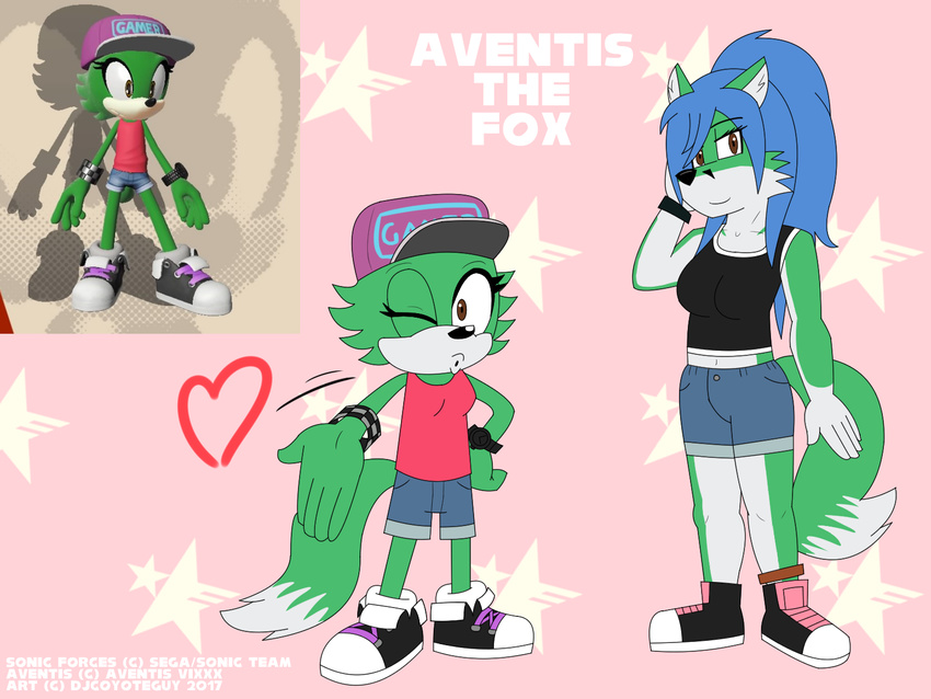 anklet aventis blue_hair bracelet breasts brown_eyes canine clothed clothing custom_character_(sonic_forces) djcoyoteguy fan_character female footwear fox fur green_fur hair hat jewelry mammal multicolored_fur shoes simple_background solo sonic_(series) sonic_forces video_games watch