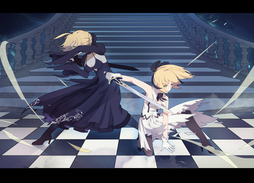 ahoge artoria_pendragon_(all) black_ribbon blonde_hair braid breasts caliburn checkered checkered_floor cleavage dark_excalibur detached_sleeves fate/grand_order fate_(series) french_braid gloves green_eyes high_heels letterboxed medium_breasts multiple_girls ribbon saber saber_alter saber_lily stairs white_gloves xiang_wan_wei_wan yellow_eyes