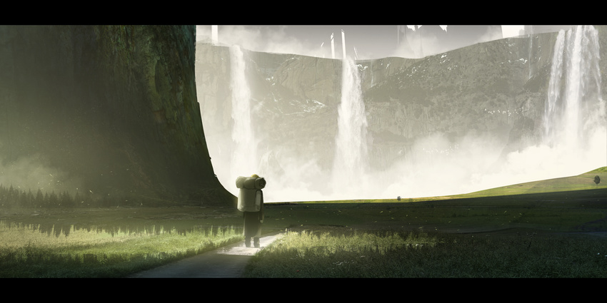 absurdres asuteroid backpack bad_id bad_pixiv_id bag cliff day facing_away fantasy from_behind grass highres iris_(asuteroid) letterboxed long_sleeves original outdoors pants path road scenery solo standing valley very_wide_shot water waterfall