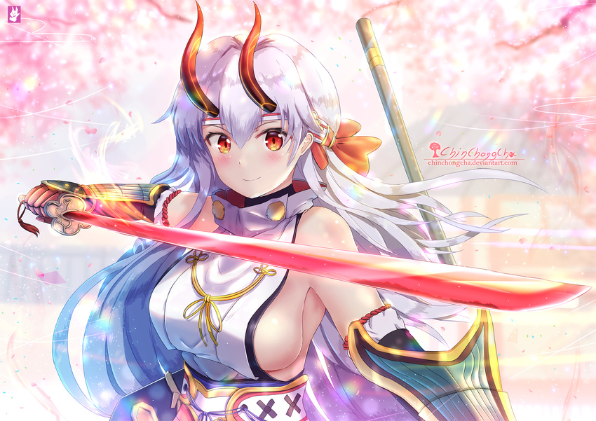 armor blurry blurry_background breasts cherry_blossoms chinchongcha closed_mouth detached_sleeves fate/grand_order fate_(series) hair_between_eyes headband highres horns japanese_armor japanese_clothes large_breasts long_hair looking_at_viewer obi oni_horns red_eyes sash sideboob silver_hair smile solo sword tomoe_gozen_(fate/grand_order) weapon