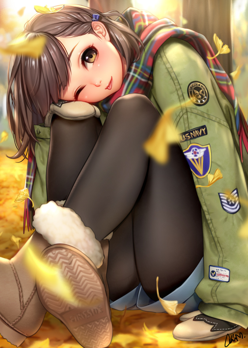 ;p america ankle_boots autumn autumn_leaves bangs blurry blurry_background blurry_foreground bomber_jacket boots bow braid brown_eyes brown_hair calf commentary crossed_legs emblem emblem_request eyebrows_visible_through_hair fur_boots fur_trim gloves hair_bow hair_ornament head_rest head_tilt highres jacket knees_to_chest knees_up legs long_hair long_sleeves looking_at_viewer masami_chie military_rank_insignia navy nose one_eye_closed original outdoors pantyhose patches scarf shoe_soles short_braid shorts side_braid signature sitting sleeves_past_wrists smile swept_bangs tongue tongue_out tsurime ugg_boots us_air_force us_navy winter_gloves