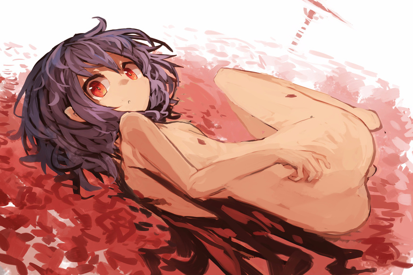 :c absurdres ass barefoot black_wings closed_mouth commentary_request from_behind full_body highres kaamin_(mariarose753) looking_at_viewer looking_back lying nude on_side pointy_ears purple_hair red_eyes remilia_scarlet solo touhou wings