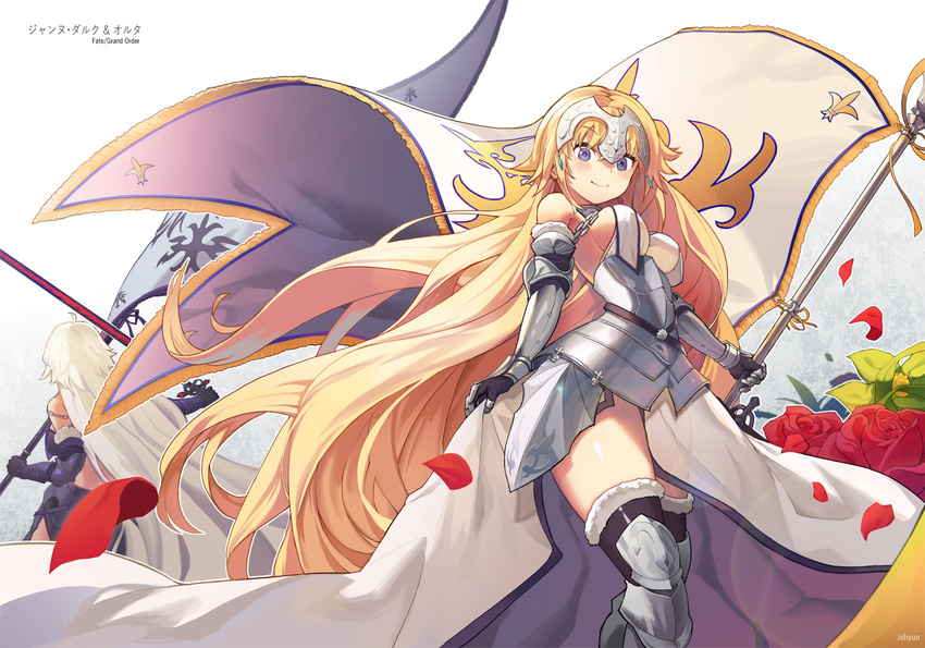 armor black_legwear blonde_hair blue_eyes breasts closed_mouth dual_wielding eyebrows_visible_through_hair fate/grand_order fate_(series) faulds flag flower fur_trim gauntlets greaves headpiece holding jeanne_d'arc_(alter)_(fate) jeanne_d'arc_(fate) jeanne_d'arc_(fate)_(all) jehyun long_hair medium_breasts multiple_girls petals rose rose_petals see-through side_slit sideboob smile sword thighhighs underbust very_long_hair weapon