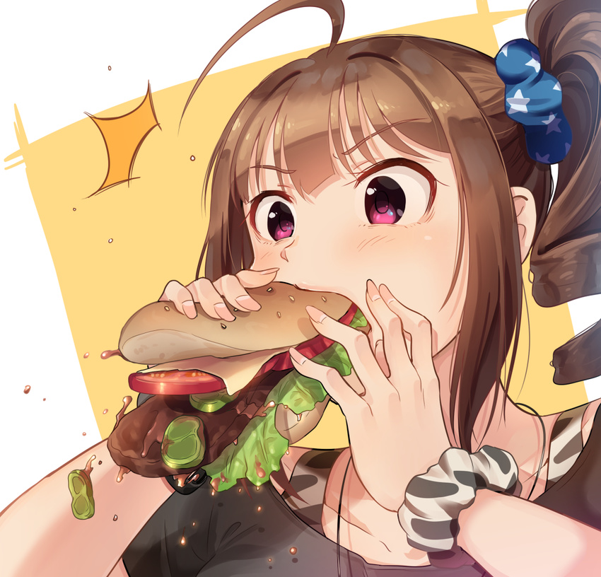1girl ahoge bangs beef blue_scrunchie blunt_bangs blush bread brown_hair cheese collarbone dripping dropping eating eyebrows_visible_through_hair failure fingernails food full_mouth grease hair_ornament hair_scrunchie hamburger hands_up holding holding_food idolmaster idolmaster_million_live! kamille_(vcx68) lettuce long_fingernails long_hair messy pickle pink_eyes print_scrunchie scrunchie sesame_seeds side_ponytail sidelocks solo star star_print surprised tareme tomato two-tone_background upper_body v-shaped_eyebrows white_scrunchie wrist_scrunchie yellow_background yokoyama_nao