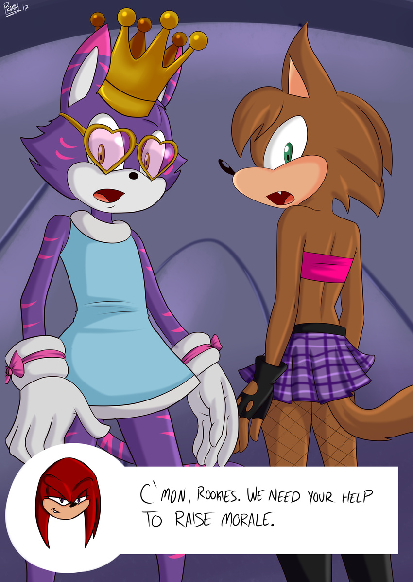 anthro canine cat cheshire_thaddeus_felonious clothed clothing crossdressing dress duo echidna eyewear feline knuckles_the_echidna male mammal mobian_(species) monotreme pranky simple_background skirt sonic_(series) sonic_forces sunglasses wolf