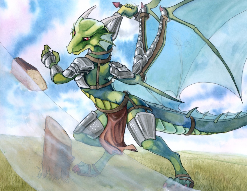 2017 anthro armor clothed clothing day digitigrade dragon dubious_armor female grass holding_object holding_weapon horn loincloth melee_weapon membranous_wings outside ruaidri sky smile solo spines sword traditional_media_(artwork) unconvincing_armor weapon wings