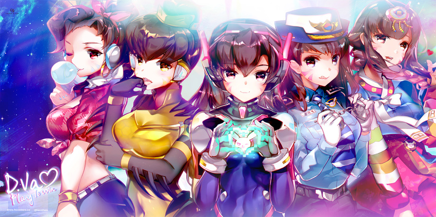 alternate_hairstyle b.va_(overwatch) bow bracelet brown_hair bubble_blowing chewing_gum cruiser_d.va cuffs d.va_(overwatch) front-tie_top hair_bow hair_bun handcuffs hat headphones heco_(mama) jewelry korean_clothes licking_lips looking_at_viewer multiple_girls multiple_persona officer_d.va overwatch palanquin_d.va pilot_suit police police_uniform policewoman tongue tongue_out uniform whisker_markings