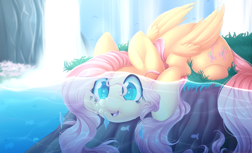 2017 avian bird bubble cute cutie_mark equine eyelashes feathered_wings feathers female fish flower fluttershy_(mlp) friendship_is_magic grass hair hi_res lying mammal marine my_little_pony nature open_mouth outside pegasus pink_hair plant scarlet-spectrum solo solo_focus teal_eyes tongue water waterfall wings