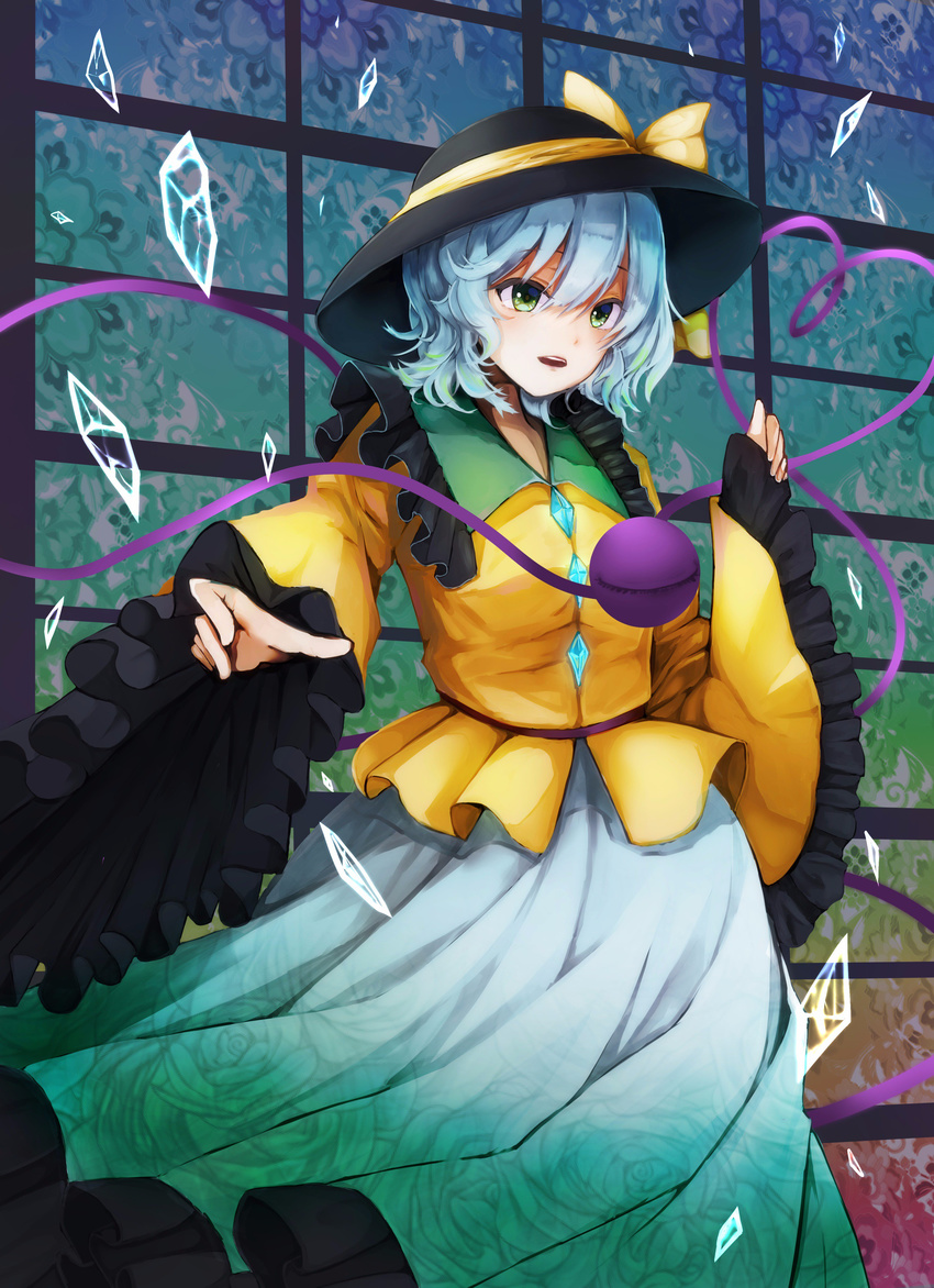 absurdres black_hat bow broken_glass commentary_request cowboy_shot eyeball floral_print frilled_shirt_collar frilled_sleeves frills furapechi glass green_eyes green_skirt hair_between_eyes hat hat_bow heart heart_of_string highres komeiji_koishi long_sleeves looking_at_viewer parted_lips shirt short_hair silver_hair skirt solo third_eye touhou wide_sleeves yellow_shirt