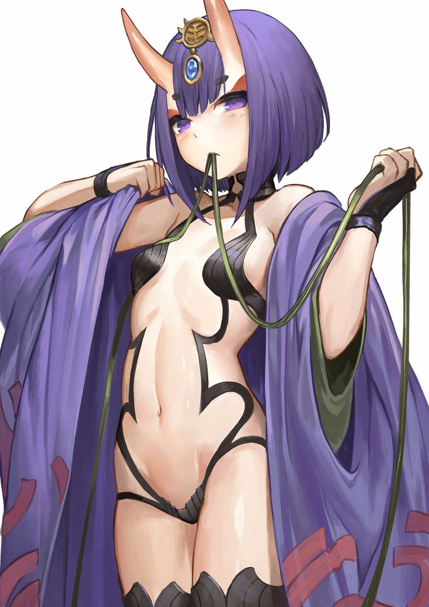 :&lt; absurdres akizone bangs black_choker bob_cut breasts choker commentary cowboy_shot dressing eyebrows_visible_through_hair eyelashes fate/grand_order fate_(series) gem green_ribbon groin hair_ornament head_tilt highres horns japanese_clothes kimono looking_at_viewer mouth_hold navel oni oni_horns open_clothes open_kimono purple_eyes purple_hair revealing_clothes ribbon ribbon_in_mouth short_hair shuten_douji_(fate/grand_order) simple_background small_breasts solo stomach thighhighs white_background wide_sleeves