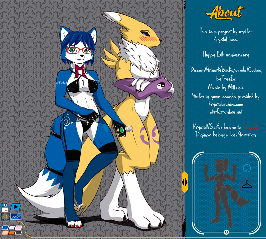 anthro armwear black_sclera blue_eyes blue_fur blue_hair blush bow bra breasts bridal_gauntlets buttplug canine clothing digimon dress dress_up_game eyewear female flash fox freefox fur glasses green_eyes hair krystal lingerie mammal necktie nintendo panties renamon sex_toy star_fox underwear video_games yellow_fur