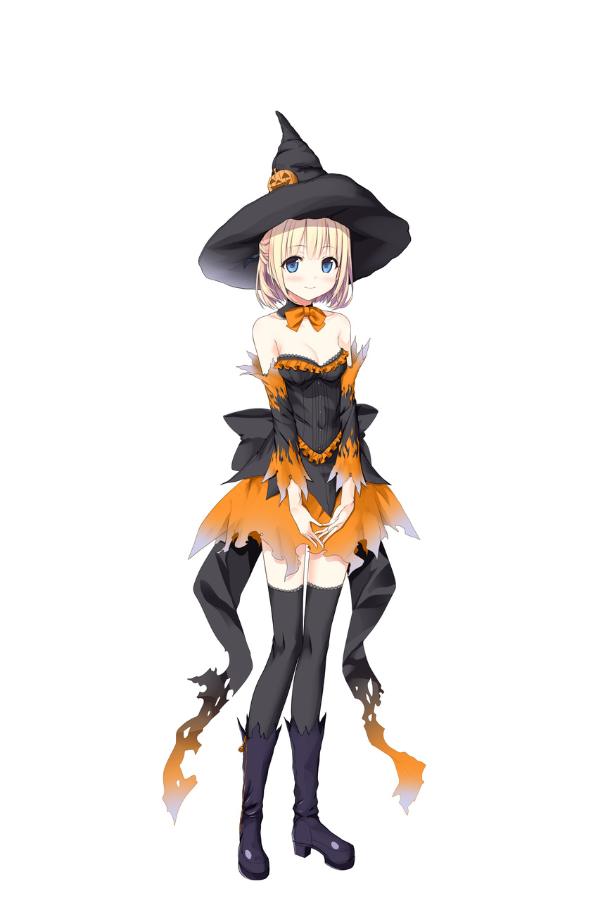 absurdres black_footwear black_hat black_legwear blonde_hair blue_eyes blush bow breasts choker cleavage collarbone cura detached_sleeves eyebrows_visible_through_hair full_body halloween_costume hat highres hinai_paulette looking_at_viewer maitetsu miniskirt orange_bow orange_skirt pumpkin short_hair simple_background skirt small_breasts smile solo standing strapless thighhighs white_background witch_hat