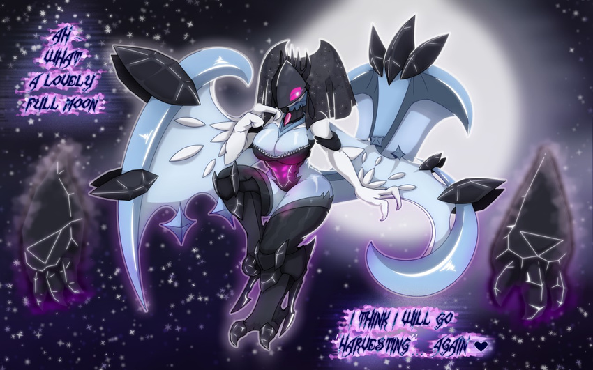 2017 anthro bat breasts claws clothed clothing corset dialogue digital_media_(artwork) english_text female fusion hybrid legendary_pok&eacute;mon leggings legwear lingerie looking_at_viewer lunala mammal membranous_wings metaljaw75 necrozma nintendo pok&eacute;mon pok&eacute;mon_(species) smile solo stockings text video_games wings