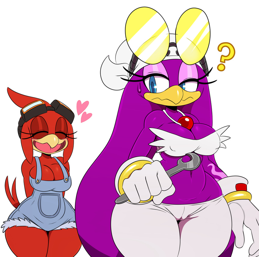 &lt;3 ? avian beak bird blue_eyes blush breasts cleavage clothed clothing eyes_closed eyewear fan_character female glasses goggles half-closed_eyes purple_body red_body simple_background sonic_(series) sonic_forces sonic_riders sssonic2 swallow_(bird) sweat tongue wave_the_swallow white_background