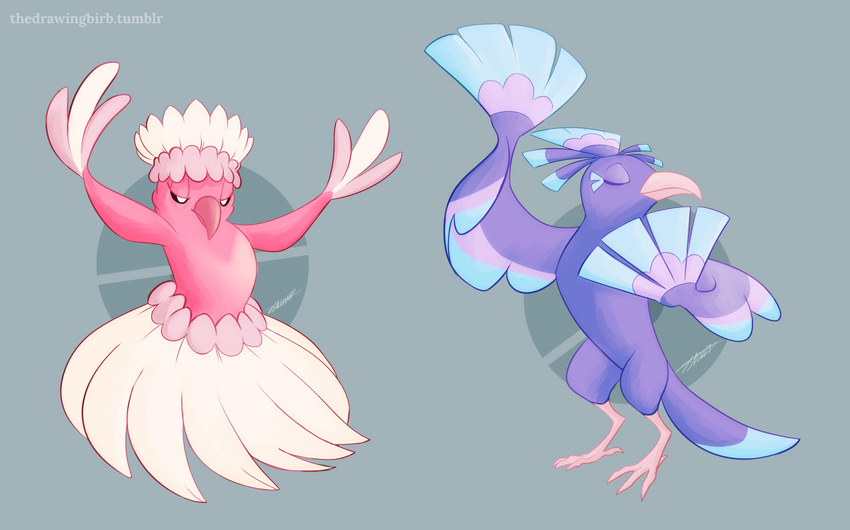 2016 ambiguous_gender blue_feathers duo eyes_closed feathers feral grey_background half-closed_eyes nintendo oricorio pa'u_oricorio pink_feathers pok&eacute;mon pok&eacute;mon_(species) purple_feathers sensu_oricorio simple_background talons thedrawingbirb video_games white_feathers