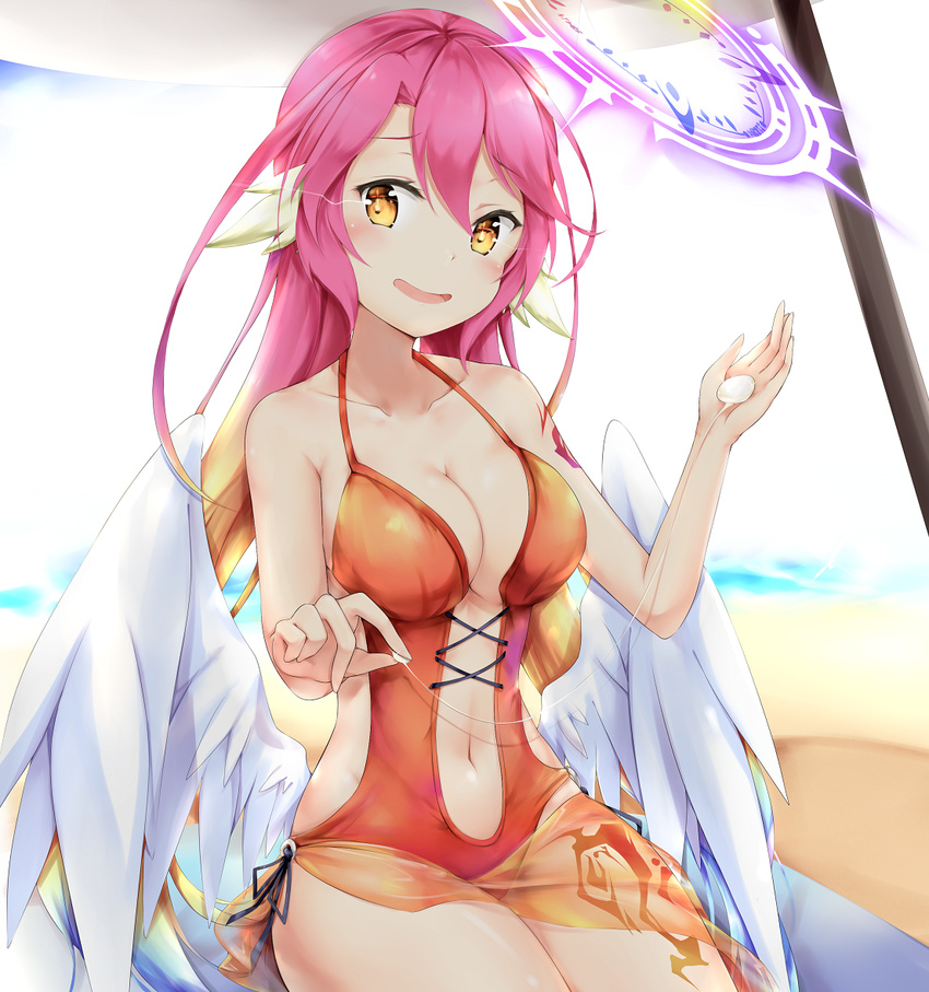 beach beach_mat beach_umbrella blue_hair blush breasts collarbone eyebrows_visible_through_hair feathered_wings hair_between_eyes halo halterneck head_tilt ikasoke_(likerm6au) jibril_(no_game_no_life) long_hair looking_at_viewer lotion medium_breasts multicolored_hair navel no_game_no_life one-piece_swimsuit open_mouth orange_eyes orange_hair orange_swimsuit pink_hair sand sarong sitting smile solo sunscreen swimsuit tattoo umbrella very_long_hair water white_wings wings