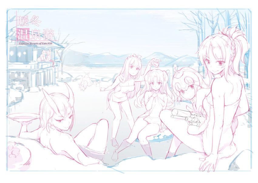 6+girls ahoge animal_ears ass astolfo_(fate) bathing breasts cheese closed_mouth convenient_arm cup elizabeth_bathory_(fate) elizabeth_bathory_(fate)_(all) fate/apocrypha fate/grand_order fate_(series) fiodo food headpiece highres horns ishtar_(fate/grand_order) jeanne_d'arc_(fate)_(all) jeanne_d'arc_alter_santa_lily long_hair looking_back lying medb_(fate)_(all) medb_(fate/grand_order) medium_breasts monochrome mordred_(fate) mordred_(fate)_(all) multiple_girls naked_towel nitocris_(fate/grand_order) oni oni_horns onsen partially_submerged ponytail sakazuki short_hair shuten_douji_(fate/grand_order) sidelocks sitting sketch small_breasts smile soaking_feet tail towel towel_on_head two_side_up wading water_gun work_in_progress