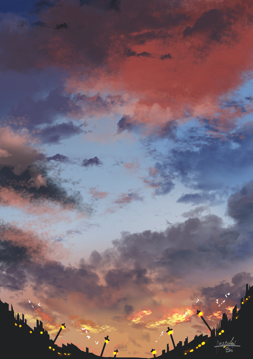 amatsuki_rei bird cloud cloudy_sky flock highres lantern no_humans original outdoors scenery signature sky sunset twilight