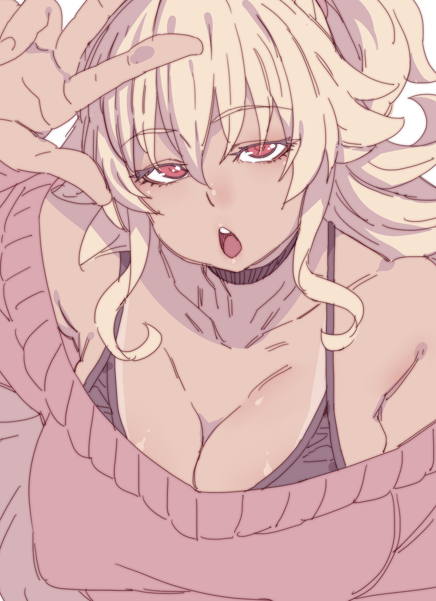 :o amanda_(sennen_sensou_aigis) bare_shoulders black_bra blonde_hair bra breasts cleavage close-up collarbone commentary_request covered_nipples eyebrows_visible_through_hair gyaru highres large_breasts looking_at_viewer medium_hair off_shoulder red_eyes sennen_sensou_aigis simple_background sketch solo sweater tan tasaka_shinnosuke underwear upper_body w white_background