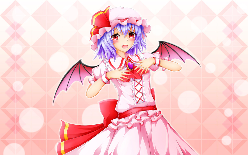 akatsuki_no_usagi blue_hair brooch commentary_request dress hat hat_ribbon highres jewelry looking_at_viewer mob_cap open_mouth pink_dress pink_wings puffy_short_sleeves puffy_sleeves red_eyes red_ribbon remilia_scarlet ribbon short_sleeves solo touhou wings wrist_cuffs