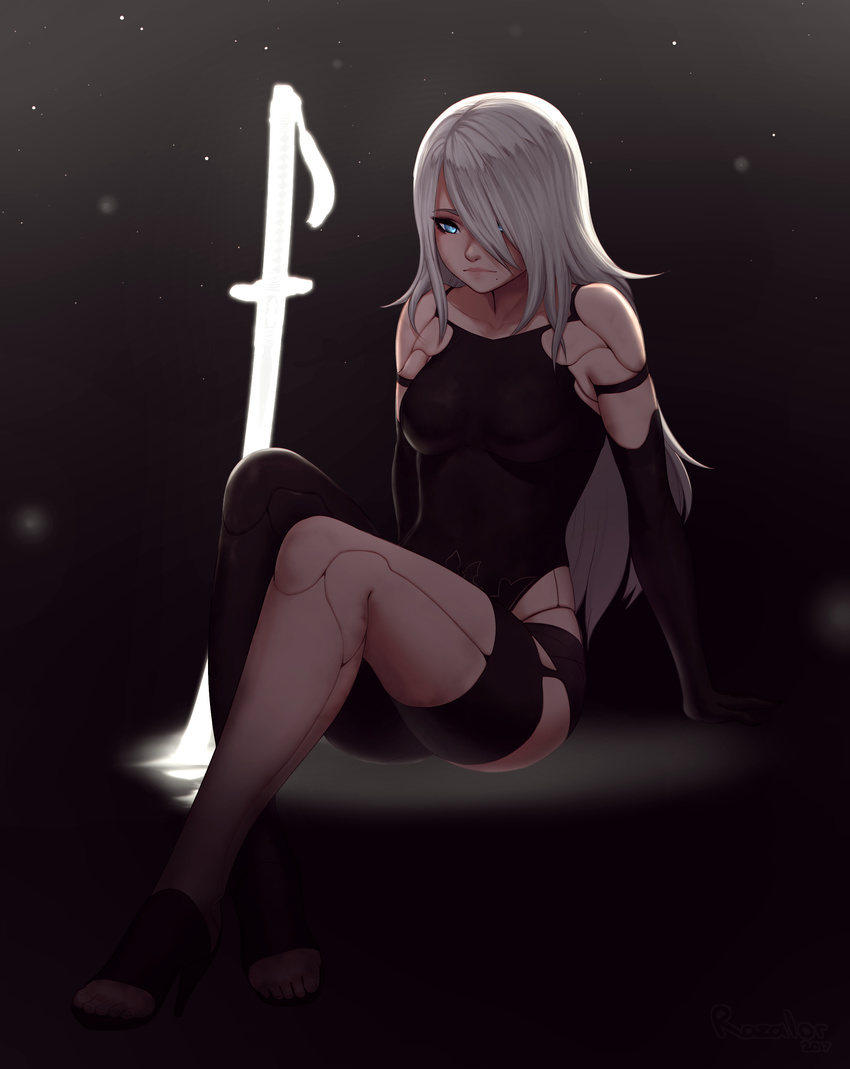 absurdres android black_gloves blue_eyes breasts commentary elbow_gloves full_body gloves glowing glowing_sword glowing_weapon hair_over_one_eye high_heels highres katana leotard long_hair medium_breasts mismatched_legwear nier_(series) nier_automata open_toe_shoes planted_sword planted_weapon razalor revision robot_joints silver_hair sitting solo sword toes weapon yorha_type_a_no._2