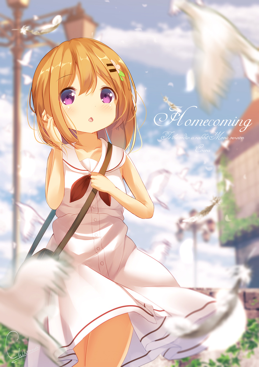 :o artist_name bag bangs bare_arms bird blue_sky blurry blurry_background blush building buttons character_name chestnut_mouth chinomaron cloud collarbone copyright_name cowboy_shot day depth_of_field dress english eyebrows_visible_through_hair feathers flower gochuumon_wa_usagi_desu_ka? hair_flower hair_ornament hair_tucking hairclip highres hoto_cocoa lamppost looking_at_viewer medium_hair open_mouth orange_hair outdoors purple_eyes red_neckwear sailor_collar sailor_dress shoulder_bag signature sky sleeveless sleeveless_dress solo white_dress wind