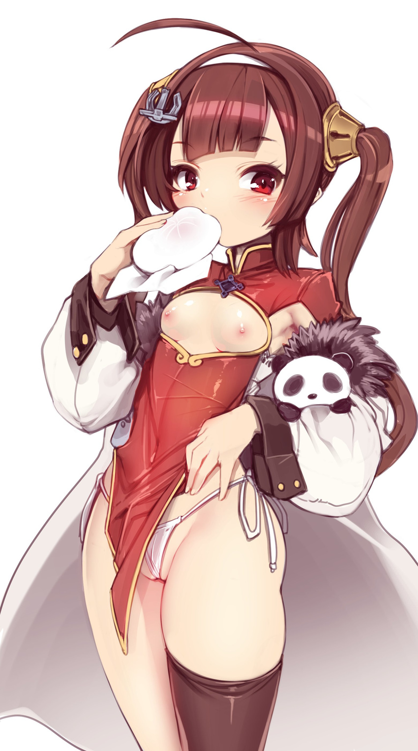 absurdres ahoge anchor_hair_ornament armpits azur_lane baozi black_legwear blush breasts breasts_outside brown_hair china_dress chinese_clothes cleavage_cutout coat cowboy_shot dress dress_lift eating food fur_trim groin hair_ornament harigane_shinshi highleg highleg_panties highres holding holding_food lifted_by_self long_sleeves micro_panties nipples off_shoulder open_clothes open_coat panties partially_visible_vulva pelvic_curtain ping_hai_(azur_lane) red_dress red_eyes ribbon side-tie_panties simple_background single_thighhigh small_breasts solo standing stuffed_animal stuffed_panda stuffed_toy thighhighs twintails underwear white_background white_coat white_panties white_ribbon
