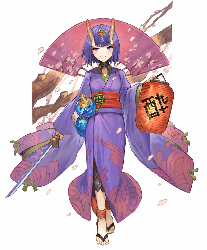 absurdres akizone ankle_ribbon bangs barefoot black_choker blush bob_cut bottle cherry_blossoms choker commentary eyebrows_visible_through_hair eyelashes fan fang fate/grand_order fate_(series) full_body gem hair_ornament highres holding holding_lantern holding_sword holding_weapon horns japanese_clothes katana kimono lantern long_sleeves looking_at_viewer obi oni oni_horns outside_border paper_fan paper_lantern petals purple_eyes purple_hair purple_kimono ribbon sash short_hair shuten_douji_(fate/grand_order) smile solo standing sword thick_eyebrows weapon white_background wide_sleeves